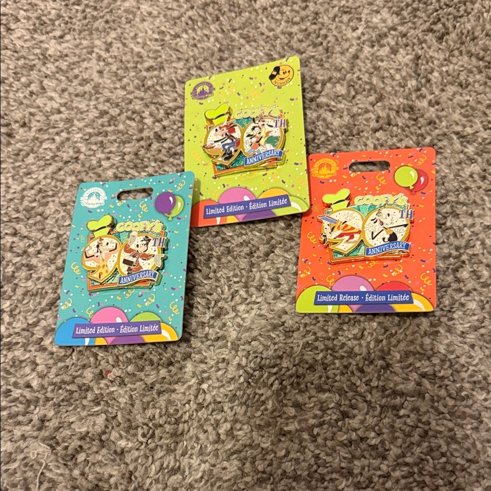 Set of three Goofy’s 90th anniversary pins